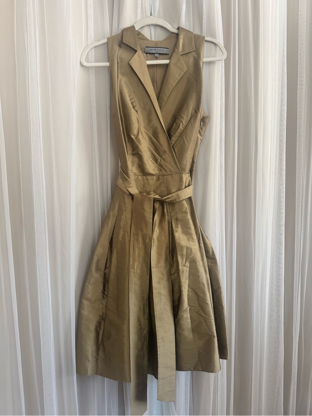 Anne Klein 100% Silk Gold Wrap Midi Dress Size 12 Pleated Belted